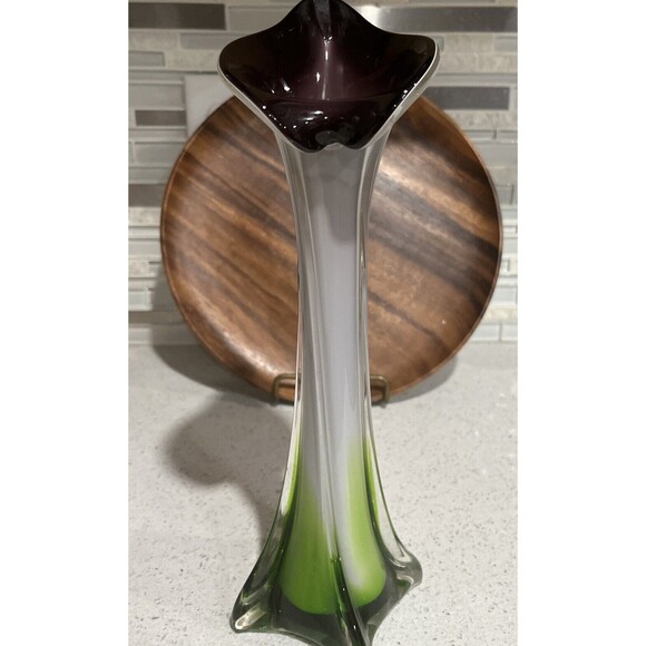 Jack in the Pulpit Vase - Cased Ribbed Swirled Green Purple White 12” Hand Blown - Picture 1 of 12